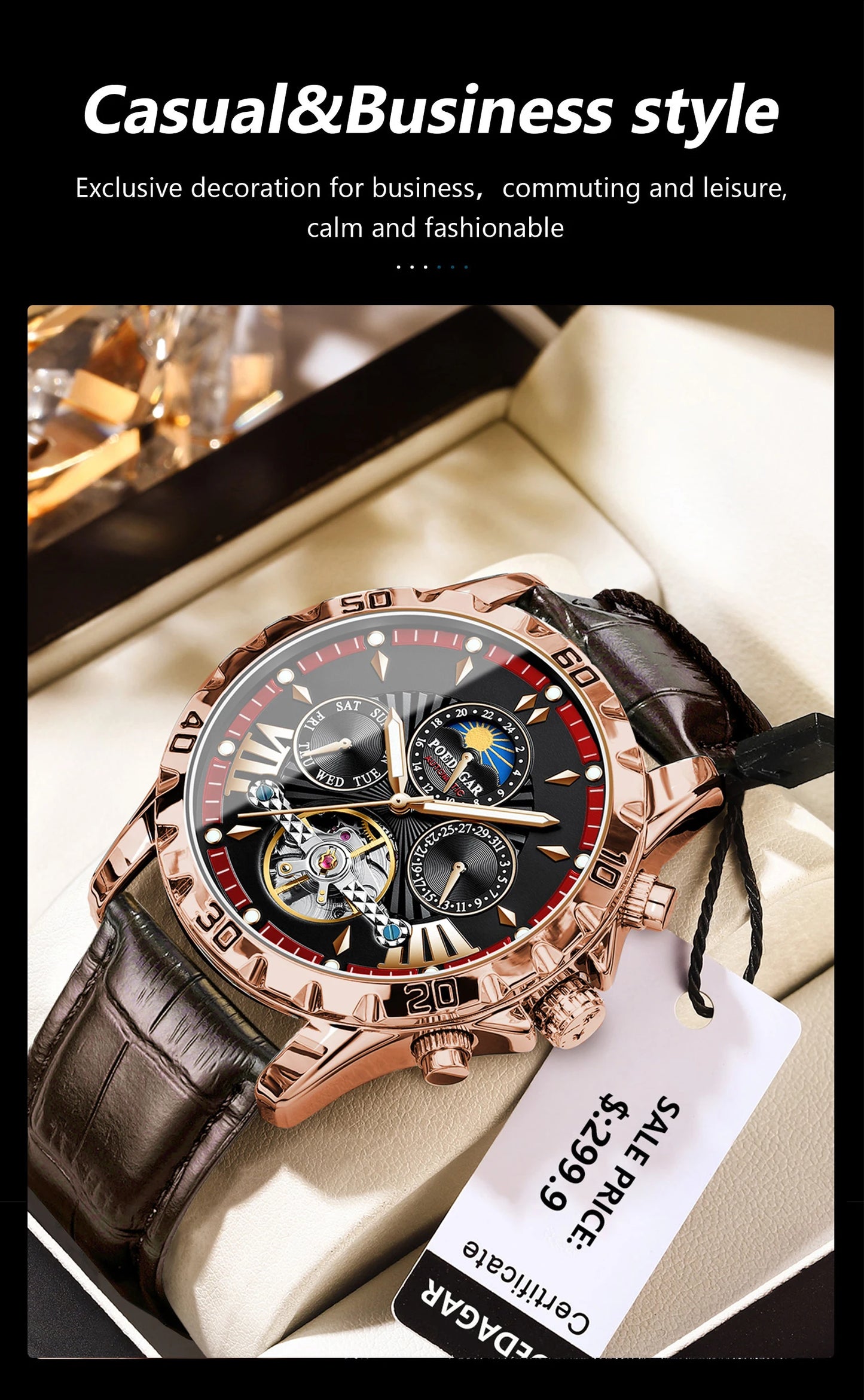 POEDAGAR Luxury Automatic Mechanical Wristwatch Waterproof Luminous Date Week Tourbillon Leather Men Watch Men's Fashion Watches