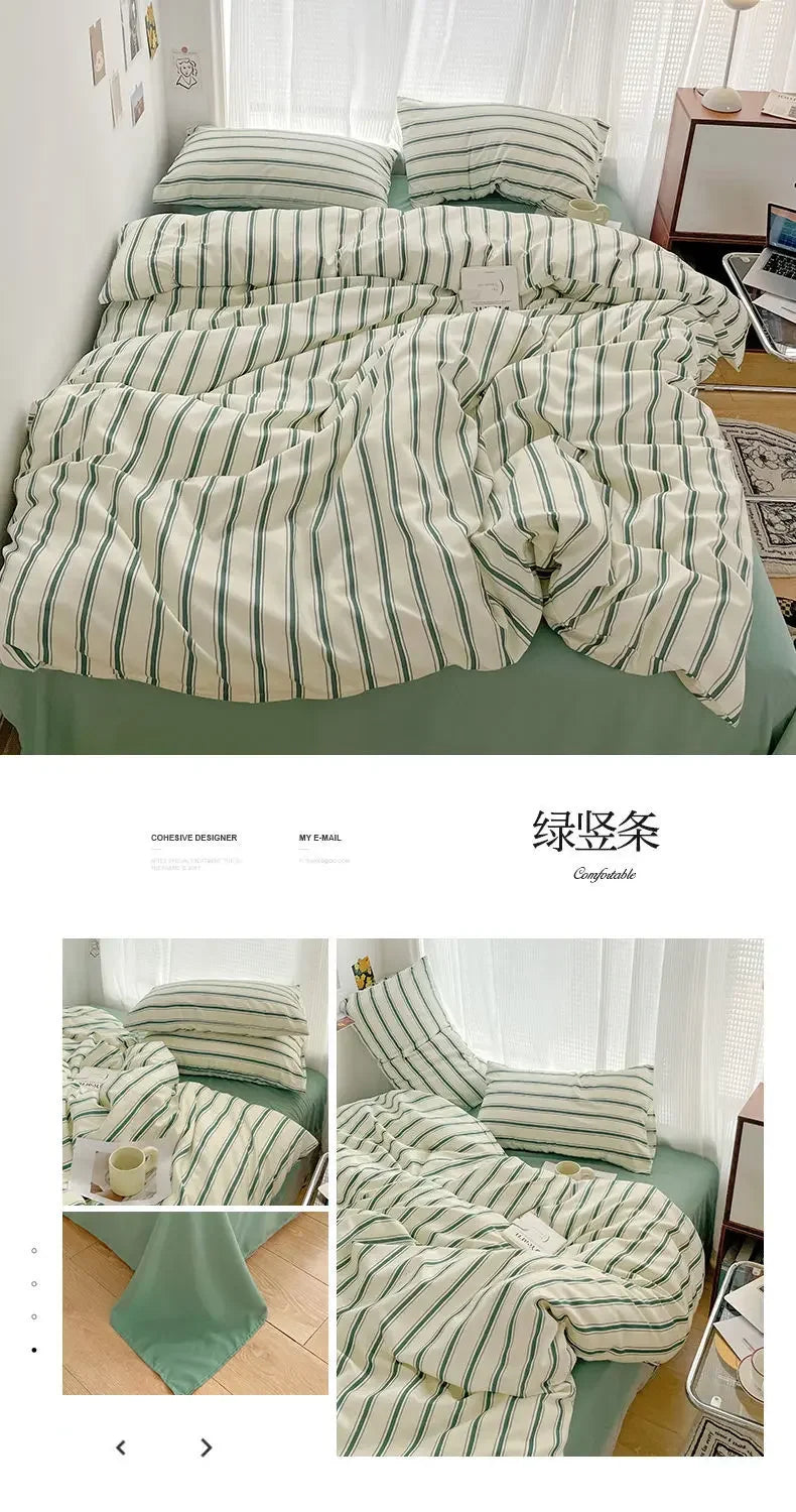 Simple Red and Blue Striped Duvet Cover and Four Piece Bed Sheet Set with Washed Cotton Bedding on the Bed