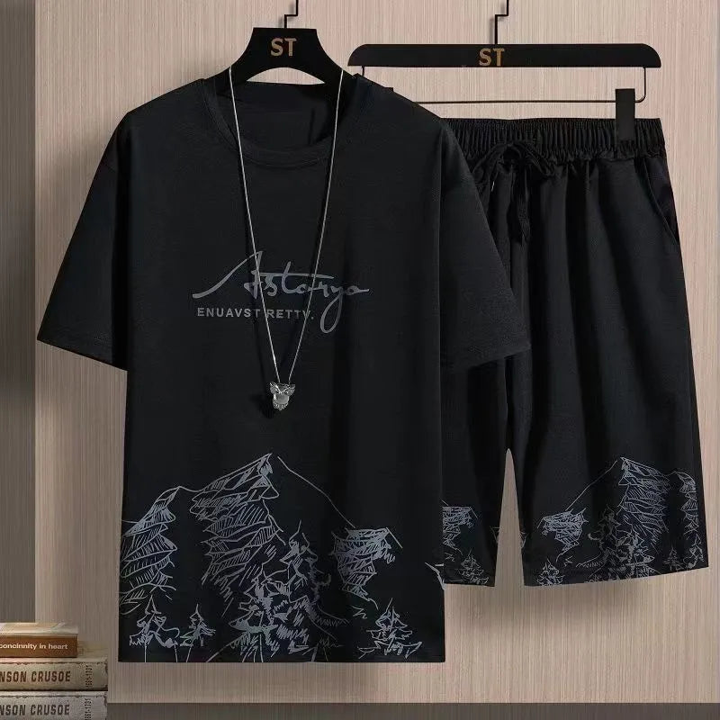(T-Shirt + shorts)2025 summer men fashion short sleeve t shirts men's casual elastic waist shirts men Two-piece Suit M-5XL