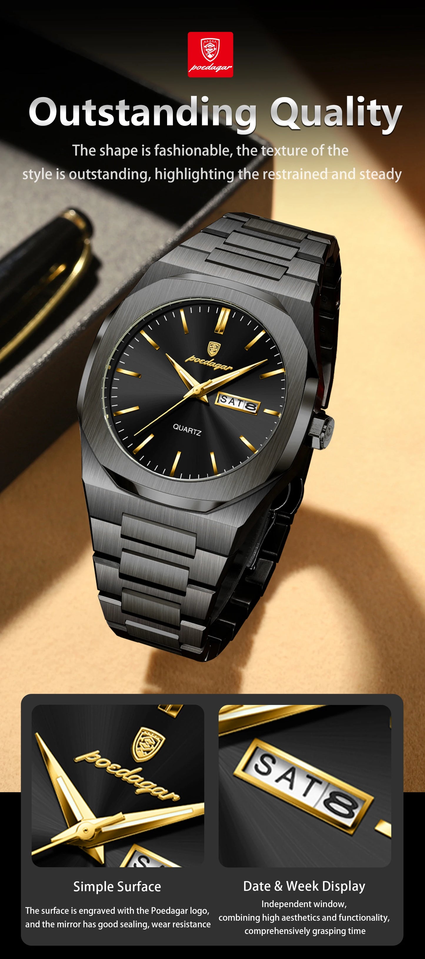 POEDAGAR Fashion Brand Male Watch Waterproof Luminous Stainless Steel Watches For Men Date Week Casual Quartz Men's Clock Reloj