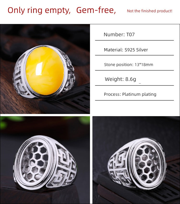 S925 Sterling Silver Ring Frame DIY Inlaid Beeswax Turquoise Amber South Red Ring Gem Opening Men Square Ring Setting
