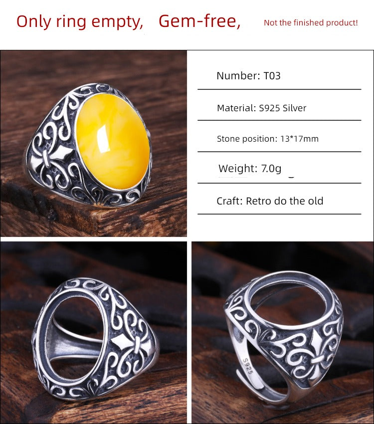S925 Sterling Silver Ring Frame DIY Inlaid Beeswax Turquoise Amber South Red Ring Gem Opening Men Square Ring Setting
