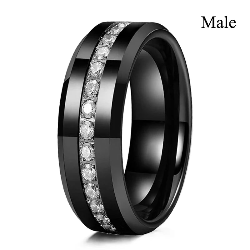 Fashion Couple Rings Women's White Rhinestones Zircon Ring Sets Men's Stainless Steel Zircon Stones Rings Wedding Band Jewelry