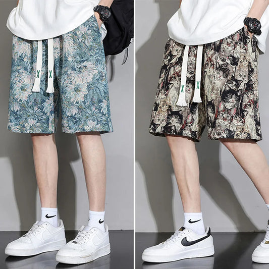 Men's Short Sleeve Summer Fashion Hawaiian Beach Flower Pants Outdoor Sports Pants Casual Breathable Quick Dry Oversized Shorts