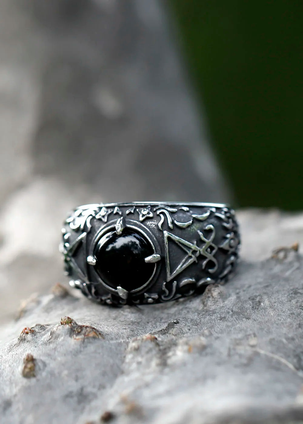 Men's Lucifer Satan Signet Ring With Black Stone Stainless Steel Vintage Jewelry Size 7