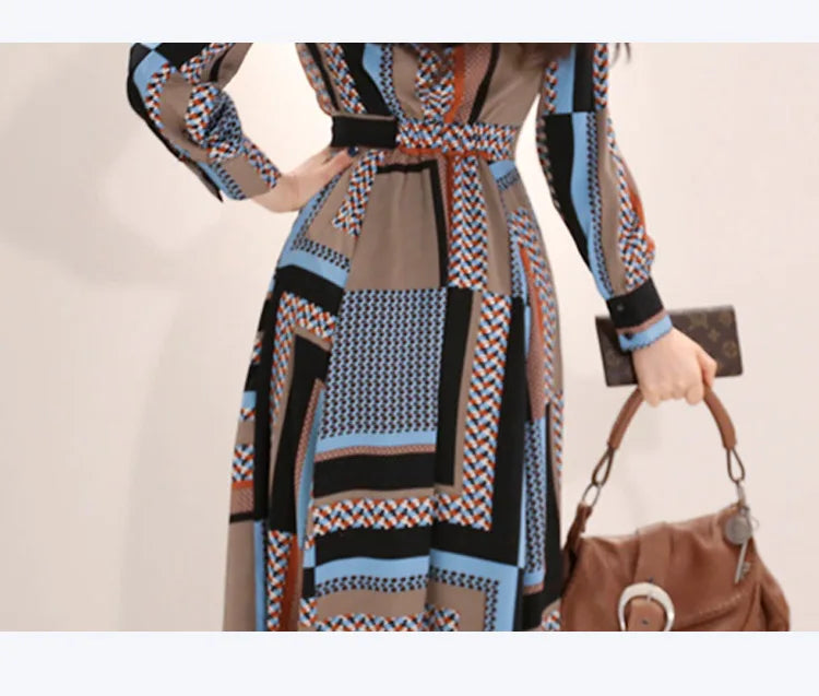 H Han Queen Vintage Print Elegant Long Dress Women Spring Single-breasted Shirt Dresses Waist Swing Ankle-length Vestidos