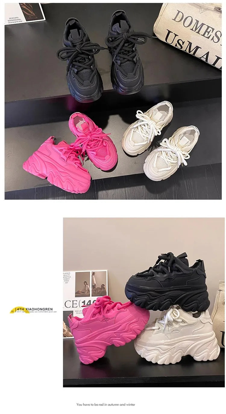 Hidden Heels White Chunky Sneakers Women Breathable Lace Up High Platform Shoes Woman 2025 Autumn Non-Slip Thick Bottom Sneakers