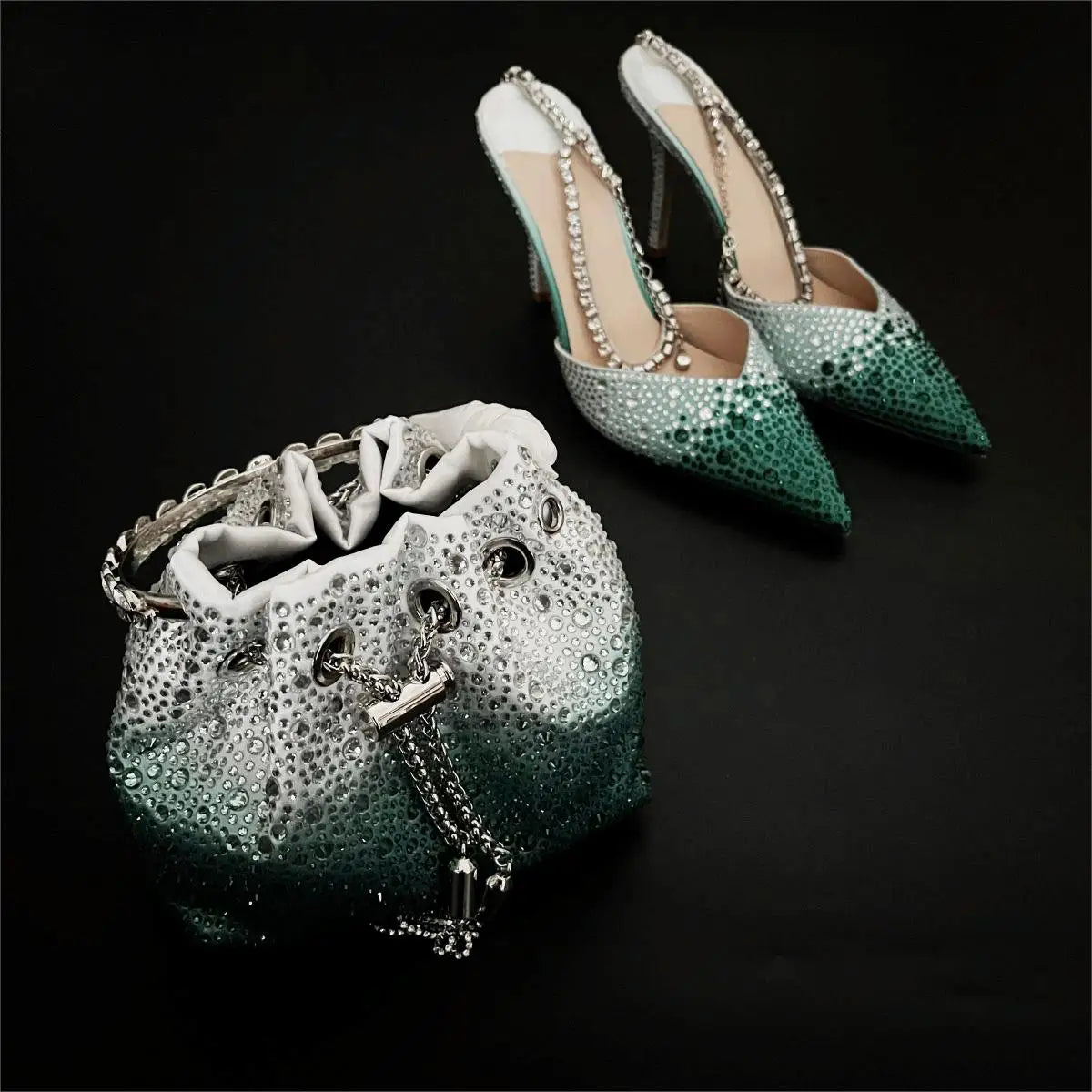 CHMURY Pointed Toe Rhinestone Heels and bag Set for Women Luxury Wedding Party