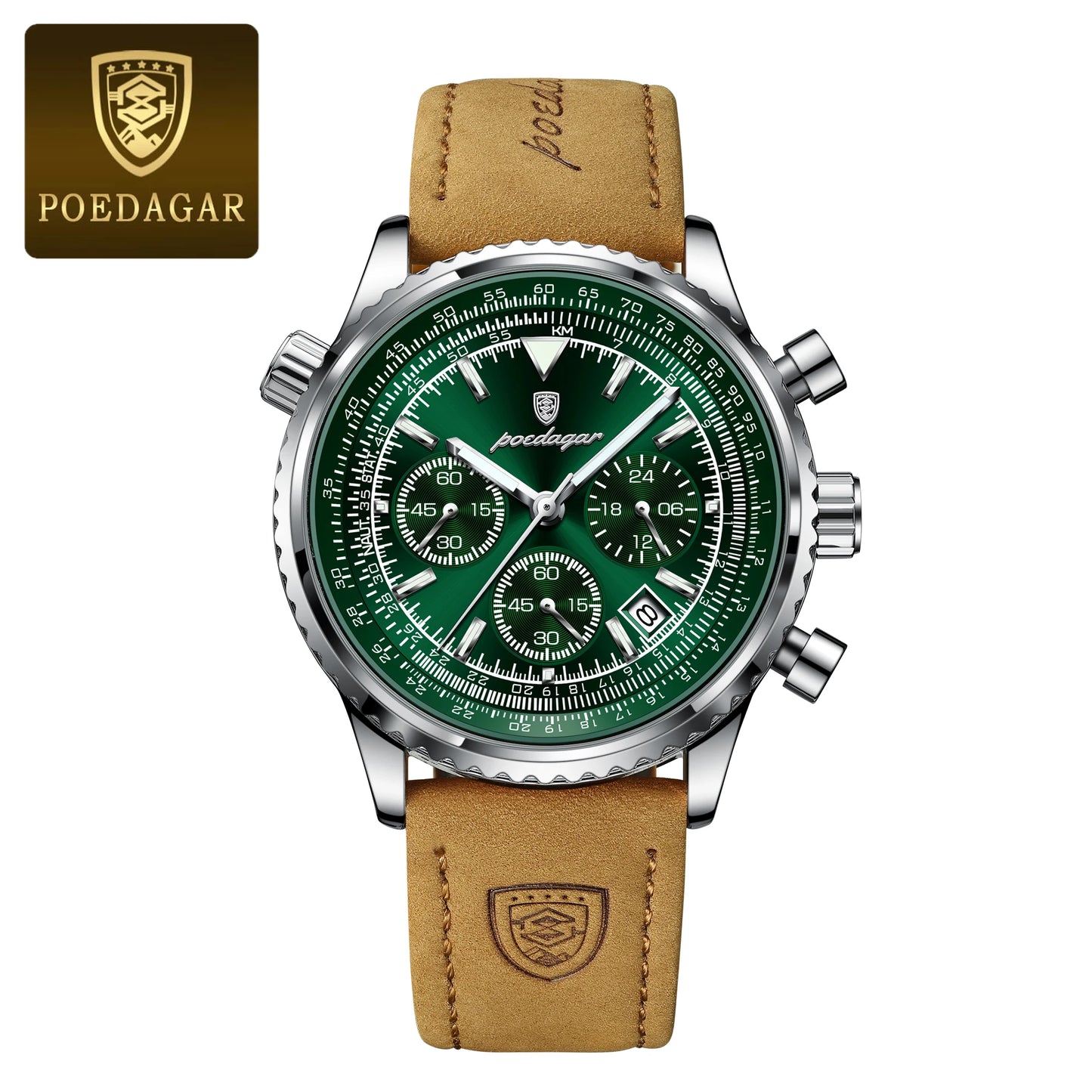 POEDAGAR Fashion High Quality Men Clock Chronograph Waterproof Luminous Calendar Man Wristwatch Leather Quartz Men's Watches+Box