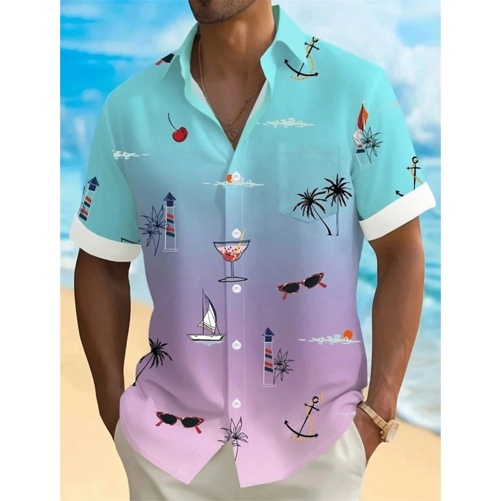 Hawaiian Men's Coconut Palm Tropical Plants Shirt Summer Casual Lapel Short Sleeve Shirts Male Outdoor Travel Oversized Clothing