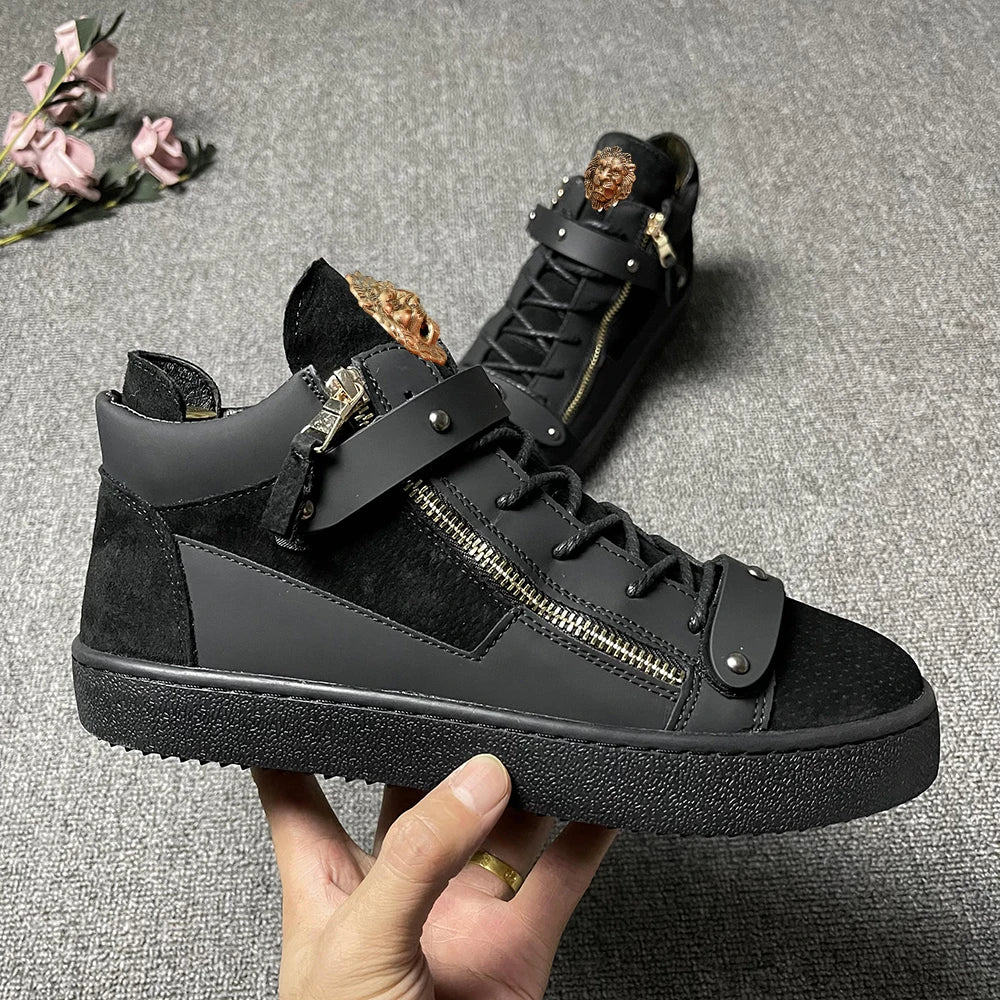 Men's High-Top Leather Casual Shoes - Designer Sneakers with Metal Buckle