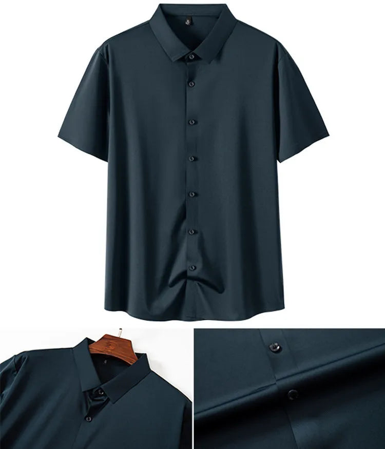 High Quality Summer Business Shirts For Men Short Sleeve Button Wrinkle Free Elasticity Social Black Office Dress Shirts US Size