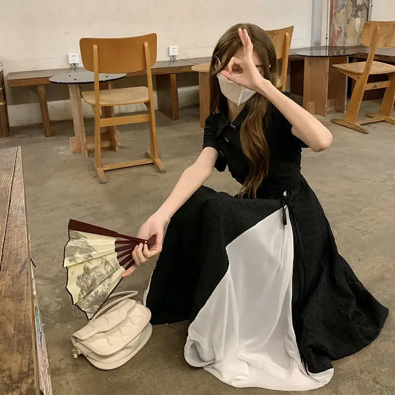 Plus Size New Chinese Style Dress Women's Clothing Summer New Solid Colors Short Sleeves Spliced Long Dress Women's Plus Size...