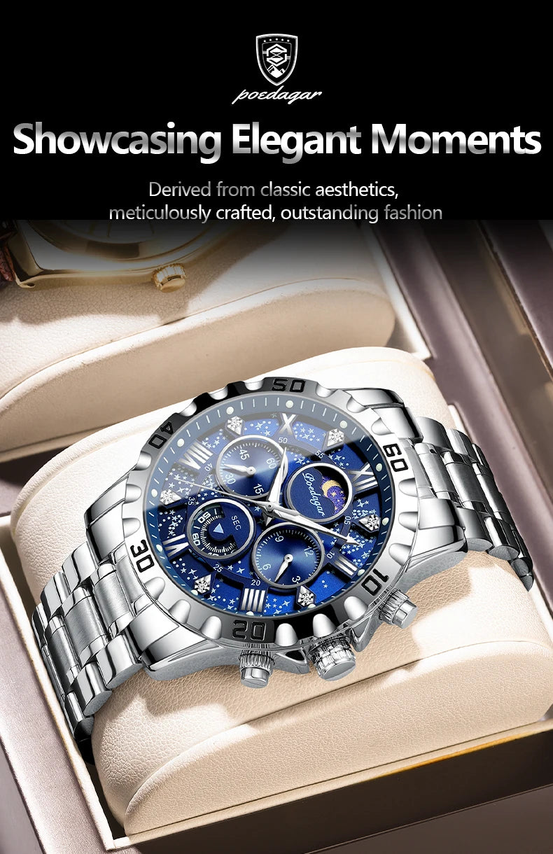 POEDAGAR Luxury Military Watches For Men Stainless Steel Quartz Waterproof Luminous Man Watch Chronograph Sport Men's Wristwatch