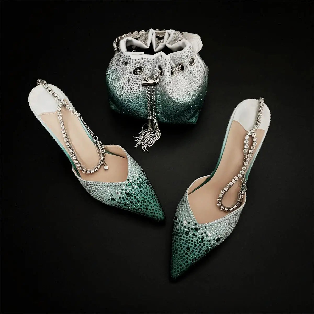 CHMURY Pointed Toe Rhinestone Heels and bag Set for Women Luxury Wedding Party