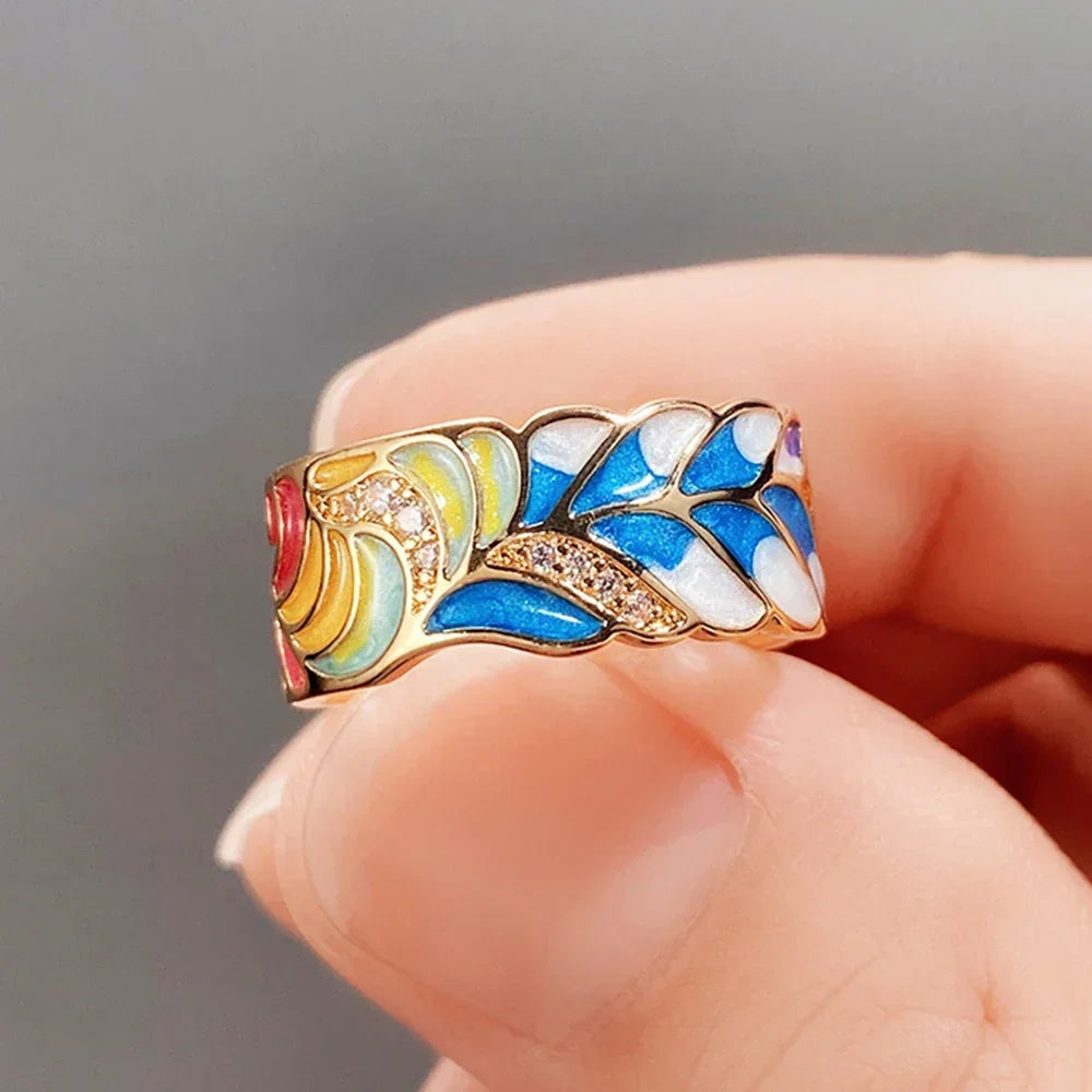 Huitan Newly Designed Colored Enamel Women Rings for Party Aesthetic Pattern  Luxury Gold Color  Fancy Gift Fashion Jewelry