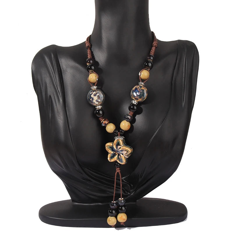 Women's New Necklace Ethnic Handmade Pendant Boho Ceramic Chain Tassel Necklace Jewelry Jewelry Dropshipping