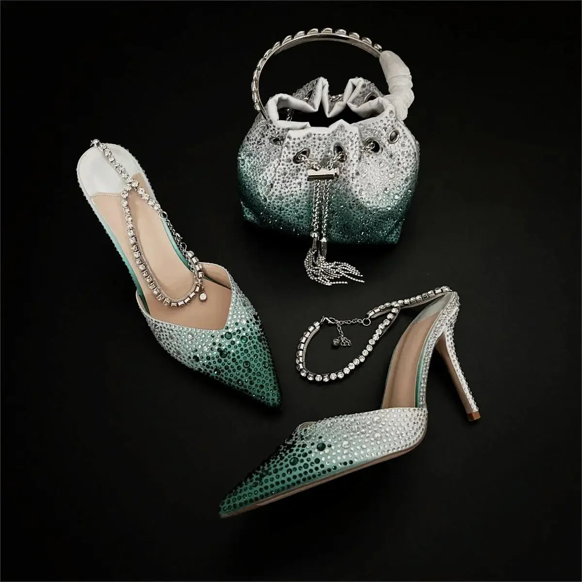 CHMURY Pointed Toe Rhinestone Heels and bag Set for Women Luxury Wedding Party