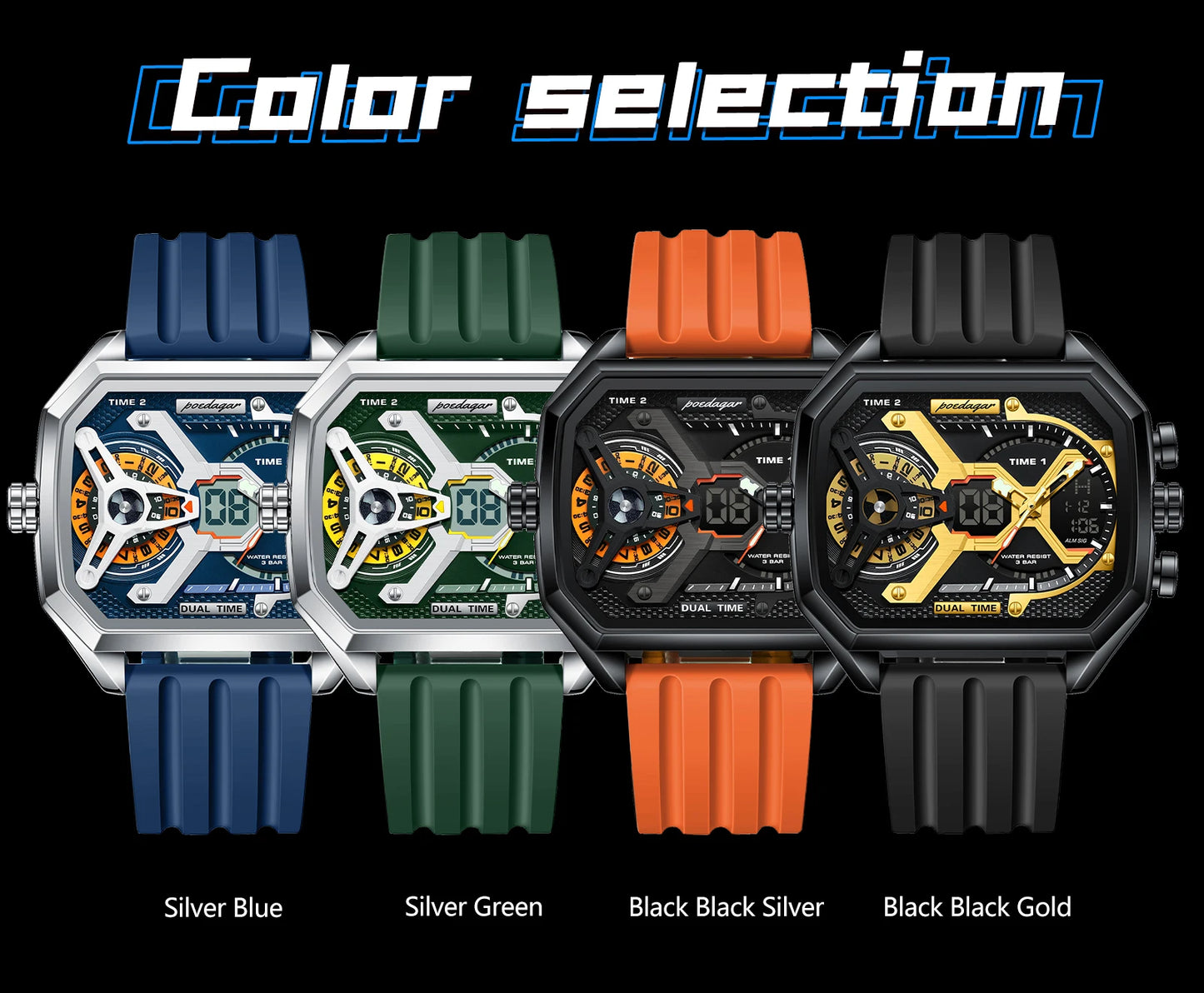 POEDAGAR Top Luxury Men Clock Date Week Luminous LED Man Watch Silicone Strap Electronic Dual Time Fashion Men's Quartz Watches