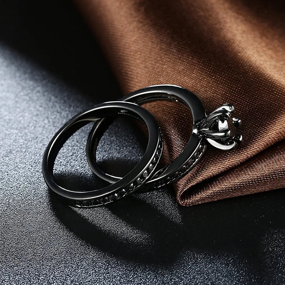 Fashion Couple Rings Women's Black Rhinestones Zirconia Rings Set Men's Stainless Steel Zirconia Rings Wedding Band Jewelry Gift