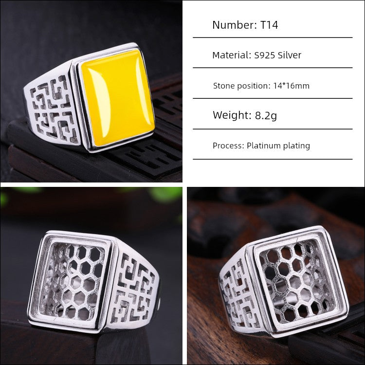 S925 Sterling Silver Ring Frame DIY Inlaid Beeswax Turquoise Amber South Red Ring Gem Opening Men Square Ring Setting