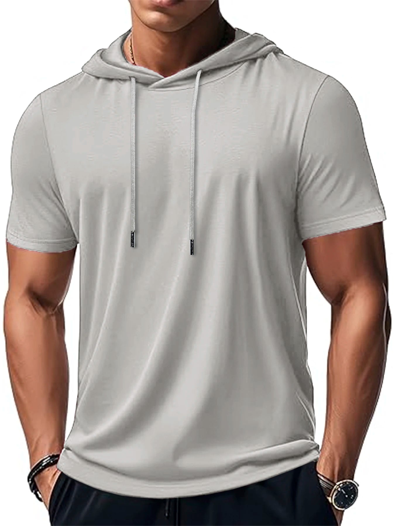 New Mens Short Sleeve Loose T-shirt Multi Solid Color Lightweight Hoodie Fitness Breathable Collar Tops Summer Hooded Sweatwear