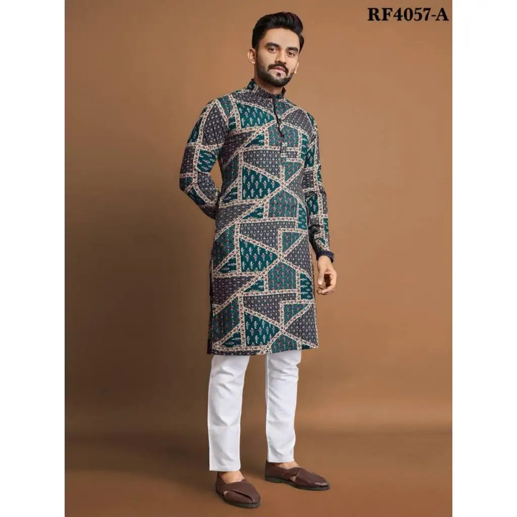 Men Digital Printed Kurta Vardha Regular Fit Mandarin Collar Long Suitable All Occasions Such Wedding Hari Raya Aidilfitri