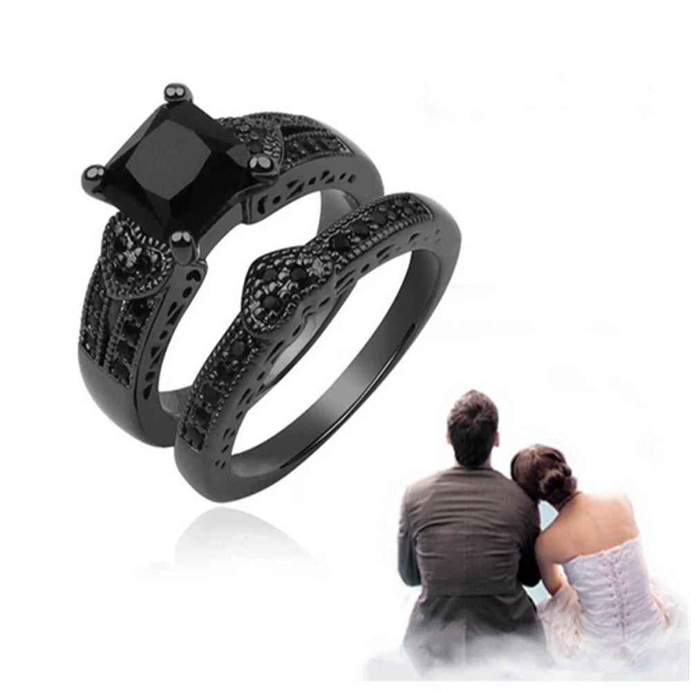 Gorgeous Black Full Zircon Couple Ring Fashion Men's Stainless Steel Ring Elegant Women's Heart-shaped 2pcs Wedding Jewelry Gift