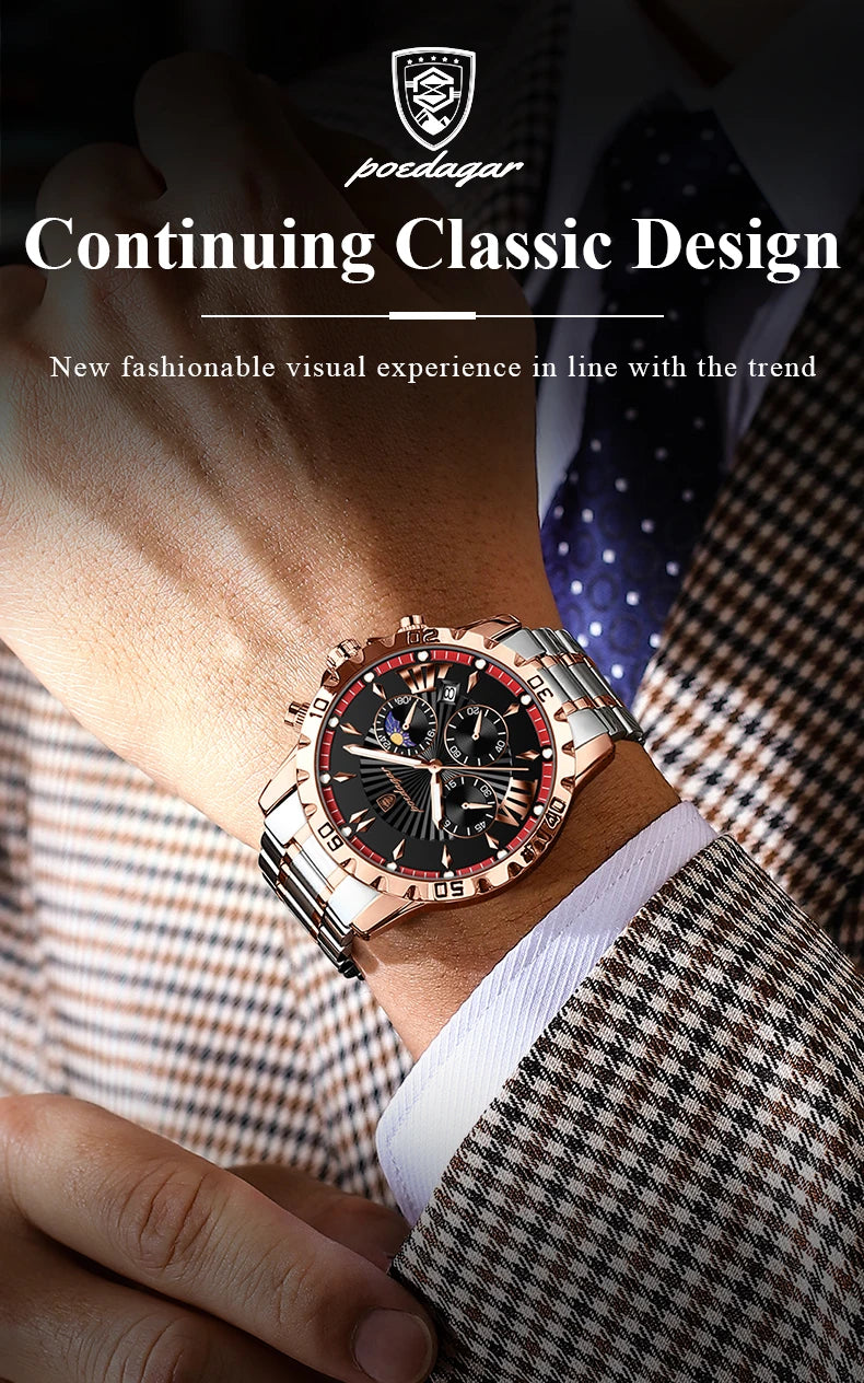 POEDAGAR Luxury Sport Man Watch Chronograph Luminous Waterproof Date Men Watch High Quality Stainless Steel Men's Quartz Watches