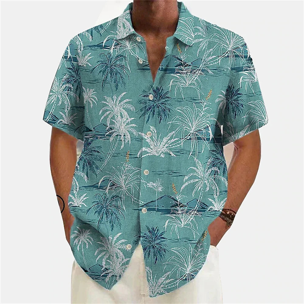 Hawaiian Men's Coconut Palm Tropical Plants Shirt Summer Casual Lapel Short Sleeve Shirts Male Outdoor Travel Oversized Clothing