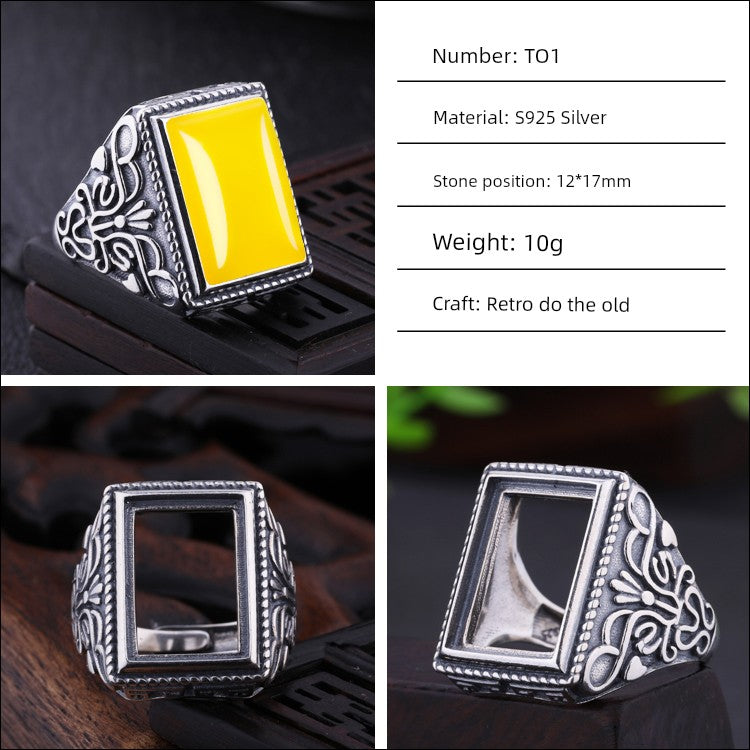 S925 Sterling Silver Ring Frame DIY Inlaid Beeswax Turquoise Amber South Red Ring Gem Opening Men Square Ring Setting