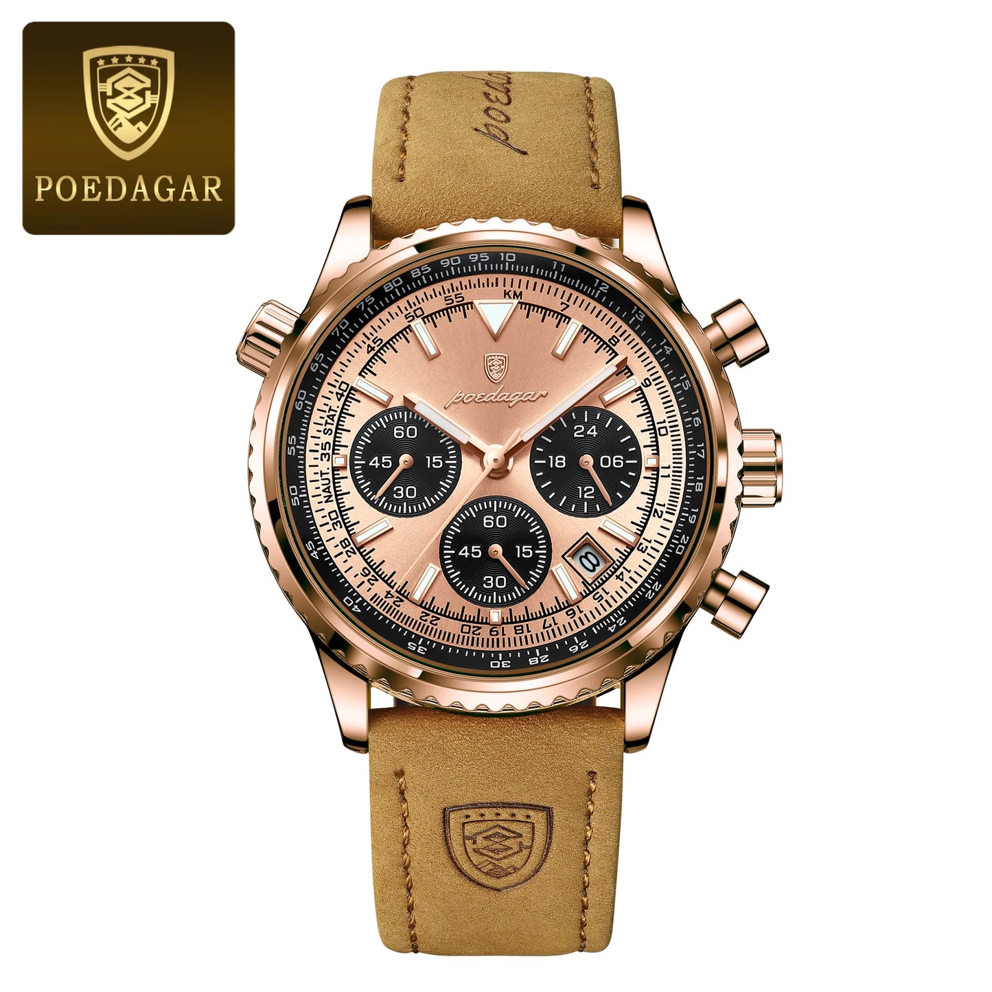 POEDAGAR Fashion High Quality Men Clock Chronograph Waterproof Luminous Calendar Man Wristwatch Leather Quartz Men's Watches+Box
