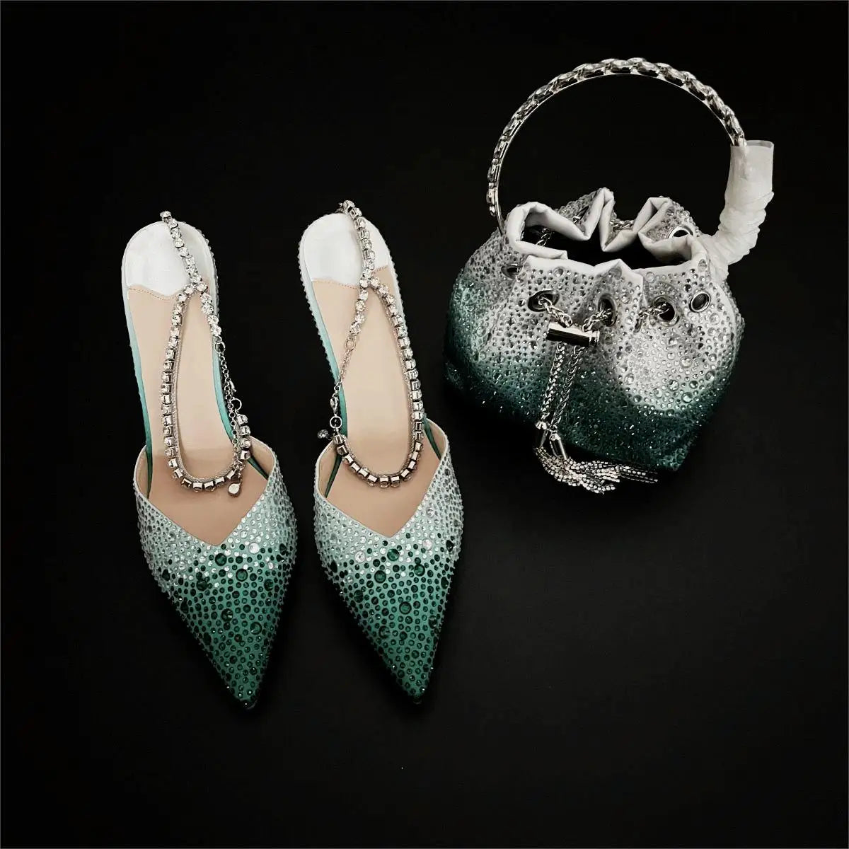 CHMURY Pointed Toe Rhinestone Heels and bag Set for Women Luxury Wedding Party