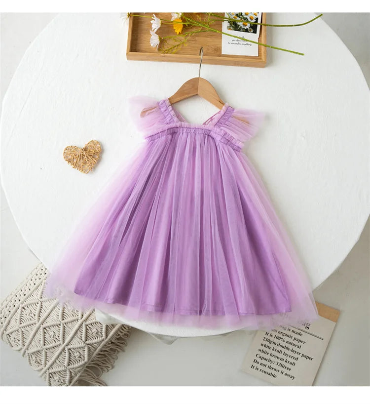 Children's Girl Dresses With Butterfly Wing Fashion Kids Tulle Dress For Girls 2-8Y Summer New Sleeveless Mesh Princess Clothes