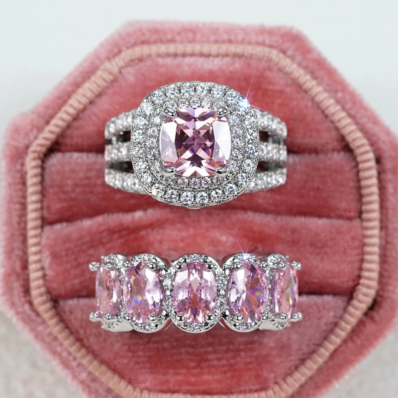 Huitan New Trendy Set Rings for Women Pink/White/Green/Black Cubic Zirconia Rings Gorgeous Wedding Accessories Eternity Jewelry