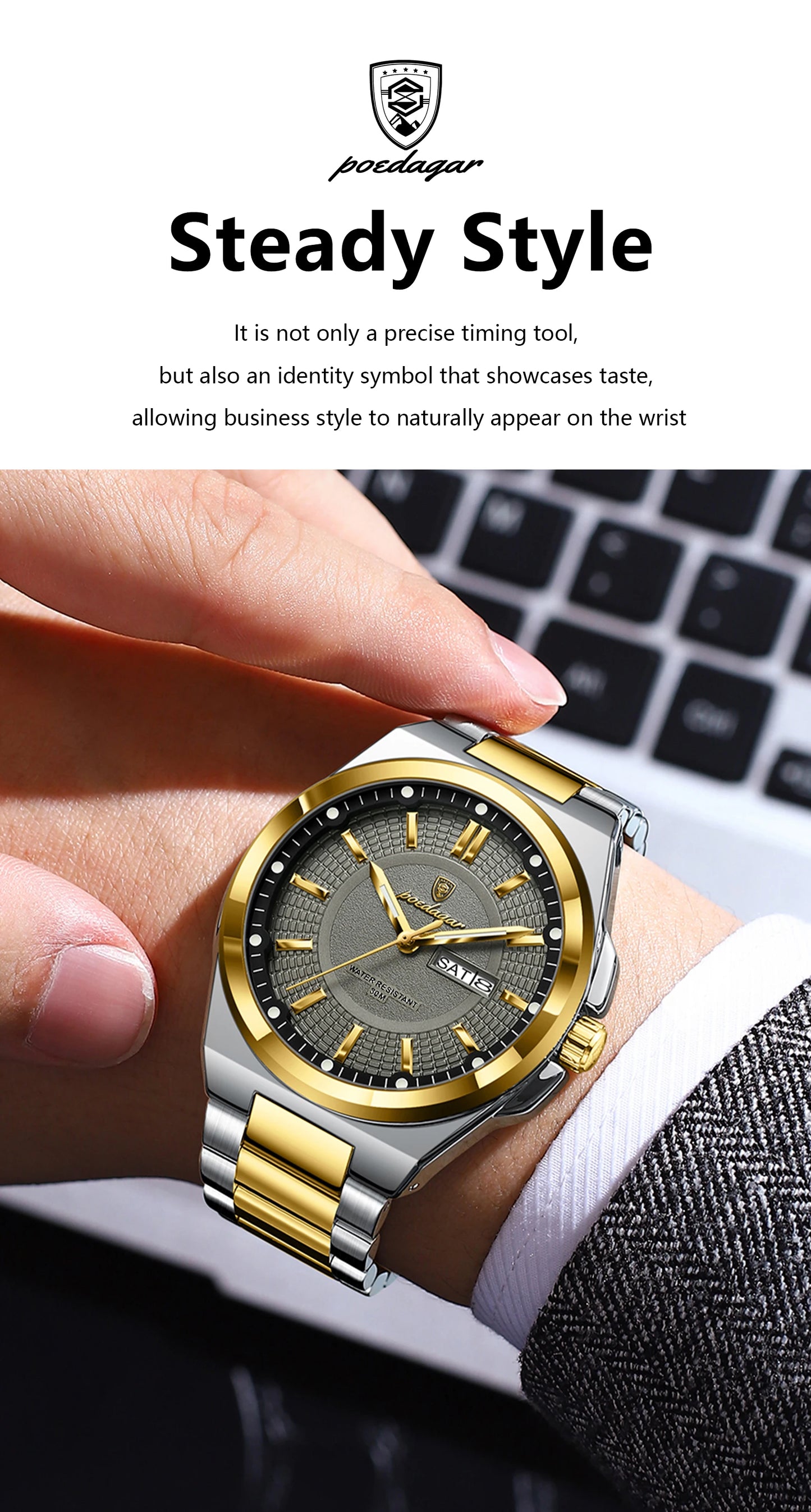 POEDAGAR Luxury Men's Wristwatch Stainless Steel Date Week Man Watch Waterproof Luminous Business Fashion Quartz Watches For Men