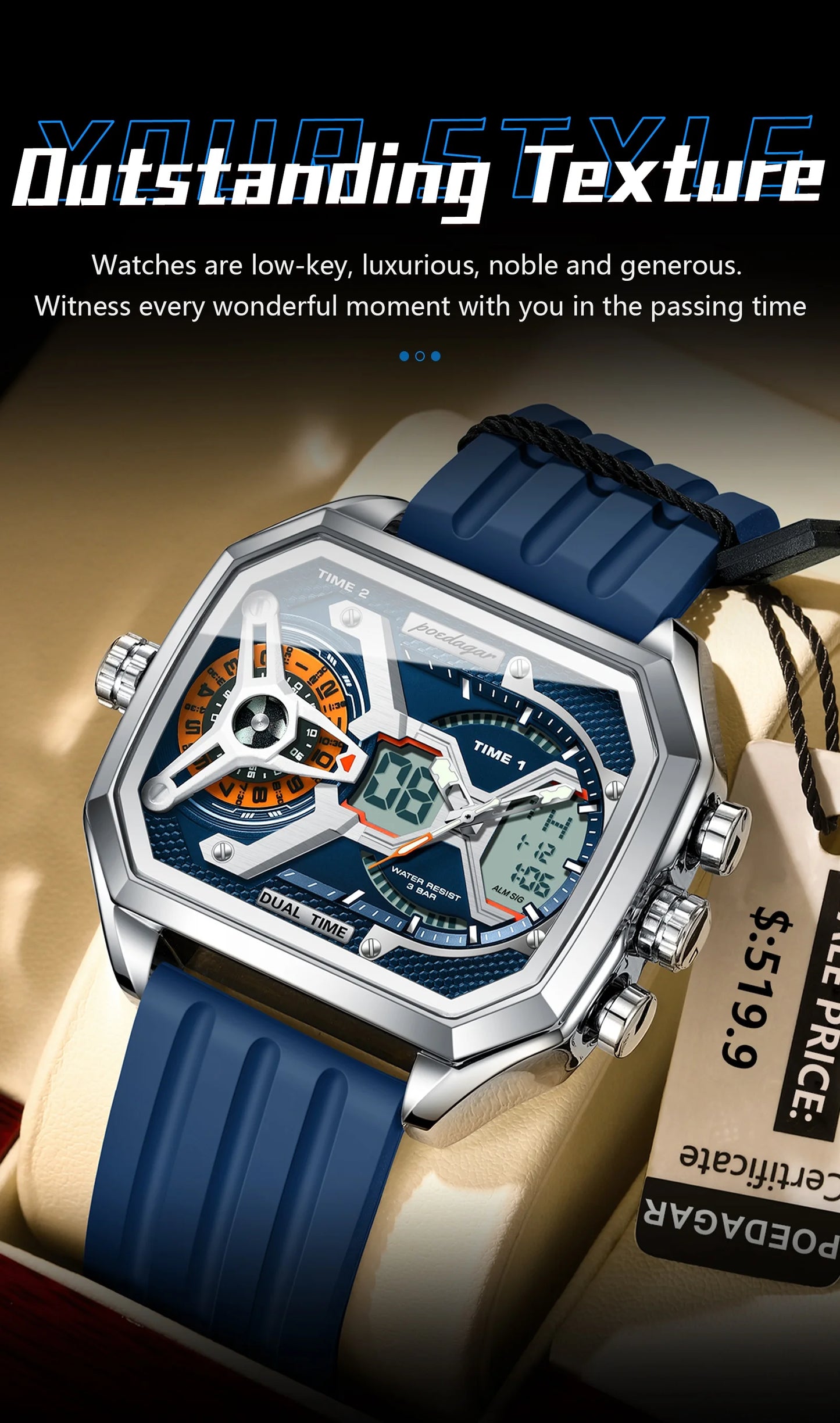 POEDAGAR Top Luxury Men Clock Date Week Luminous LED Man Watch Silicone Strap Electronic Dual Time Fashion Men's Quartz Watches