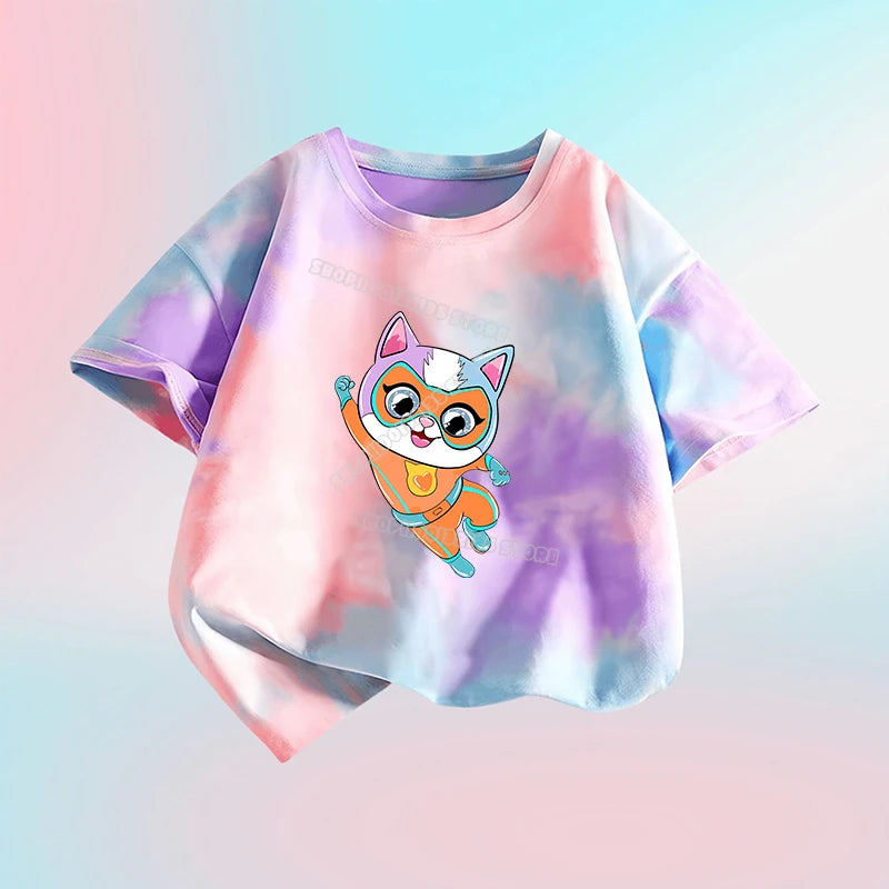 Kawaii Super Kitties Children T-shirt Tops Baby Cute Cat Short Sleeve Casual Clothes Girl Kids Tie Dye Tops Clothing Shirts Gift