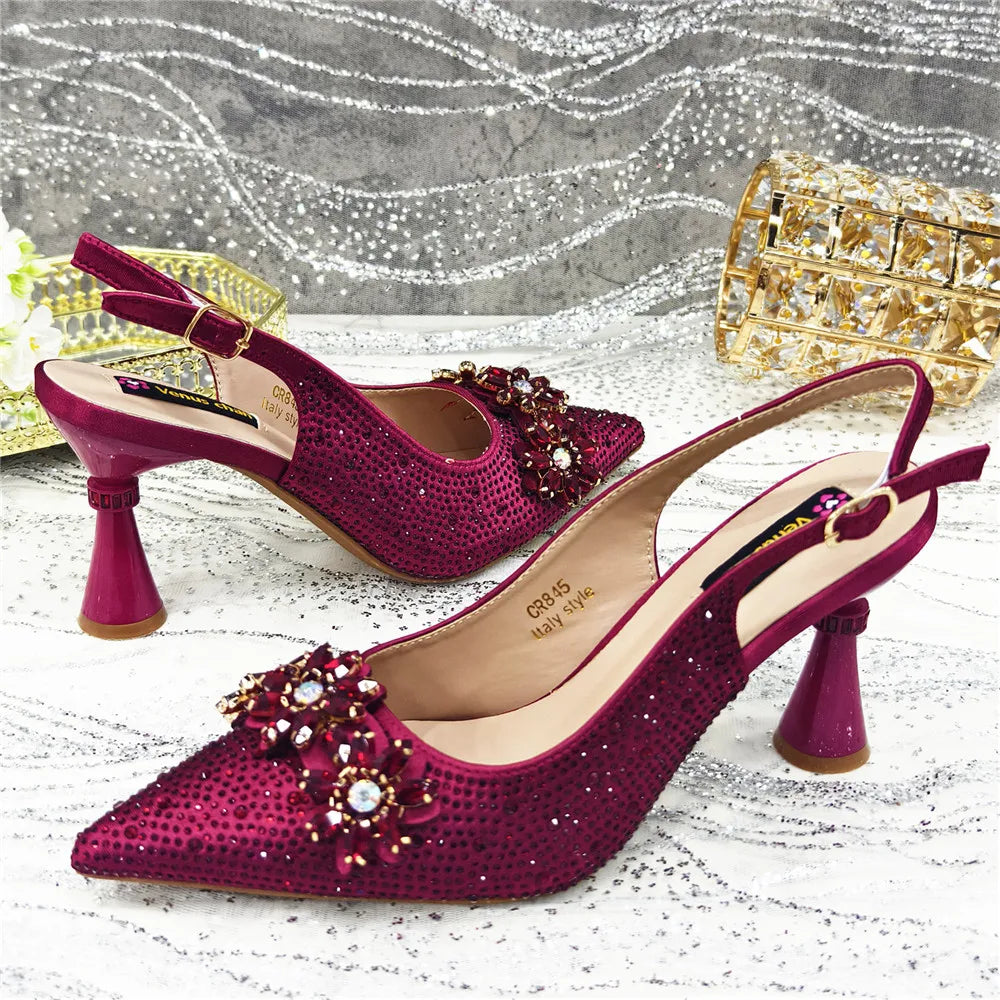 Popularity Pointed Toe High Heels Shoes and Bags Set With Rhinestone for Women Wedding Party Elegant Luxury Fashion