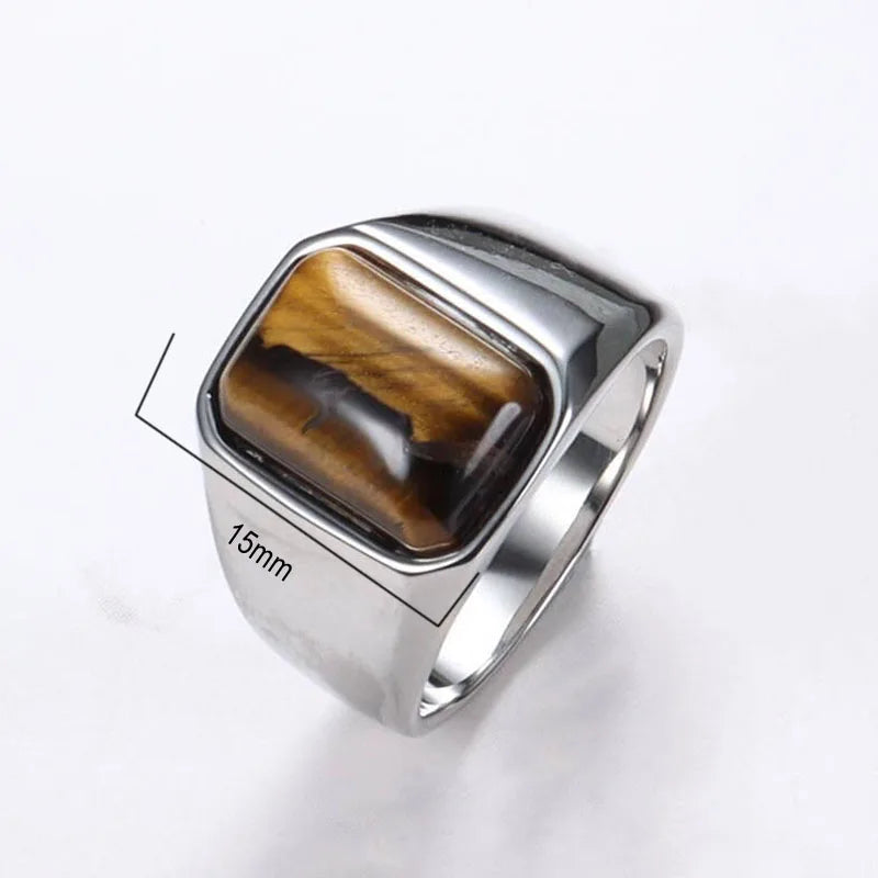 Natural Gemstone Tiger Eye Signet Ring Stainless Steel Waterproof Handmade Jewellery Rings for Men Women Father Boyfriend Gift