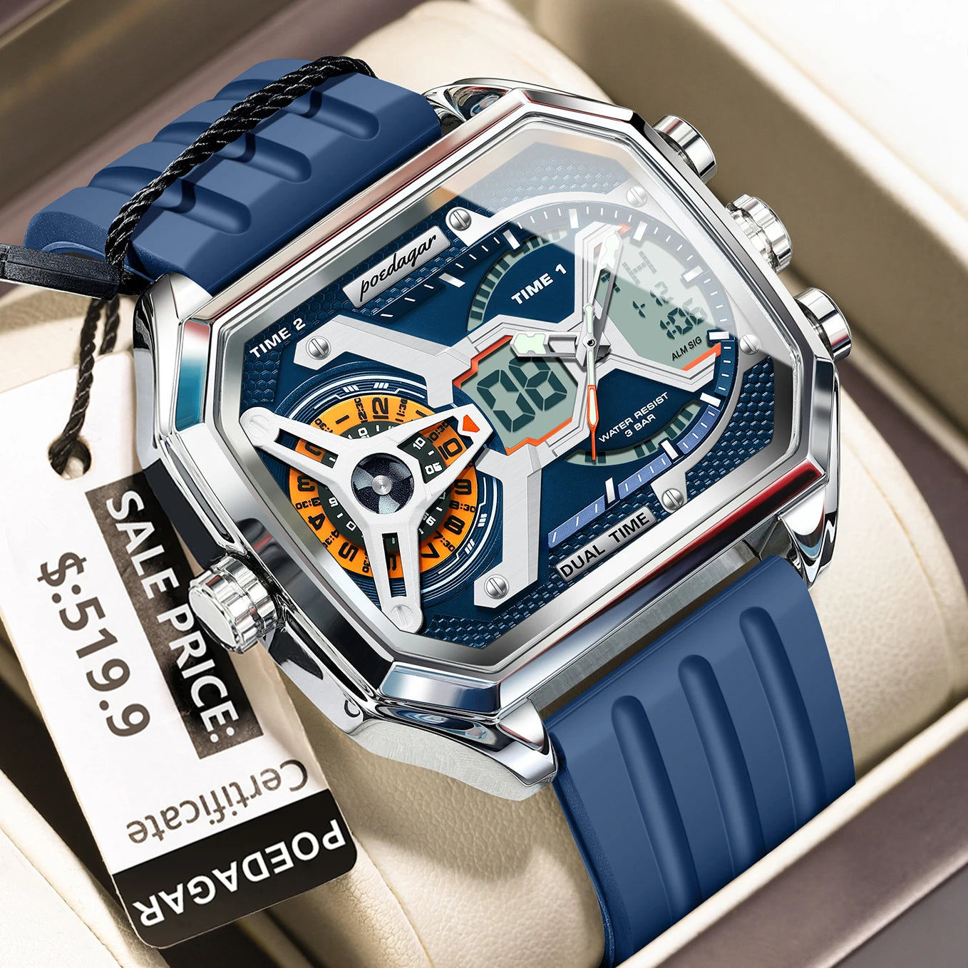 POEDAGAR Top Luxury Men Clock Date Week Luminous LED Man Watch Silicone Strap Electronic Dual Time Fashion Men's Quartz Watches