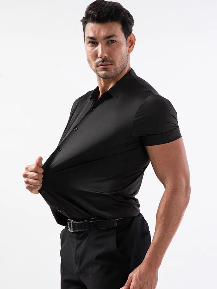 High Quality Summer Business Shirts For Men Short Sleeve Button Wrinkle Free Elasticity Social Black Office Dress Shirts US Size