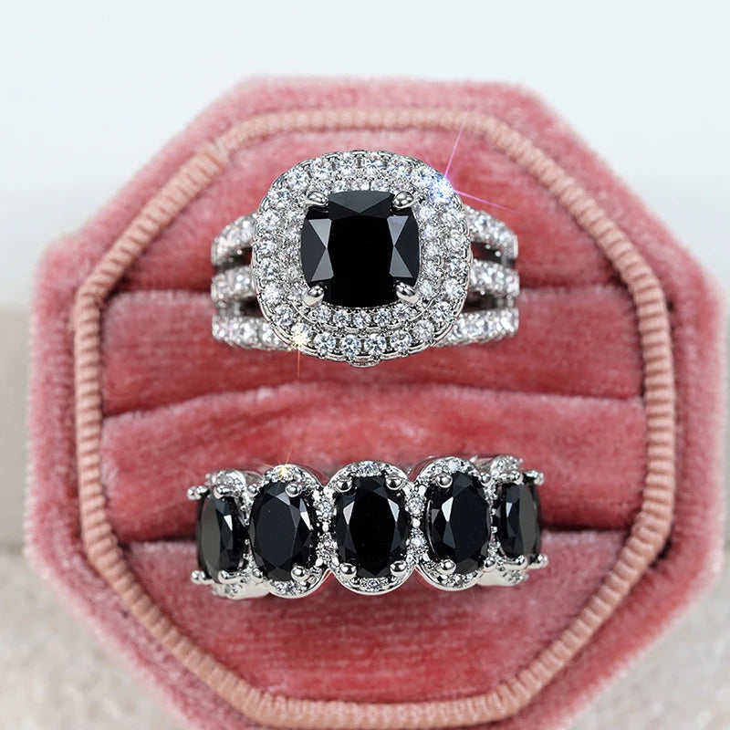 Huitan New Trendy Set Rings for Women Pink/White/Green/Black Cubic Zirconia Rings Gorgeous Wedding Accessories Eternity Jewelry