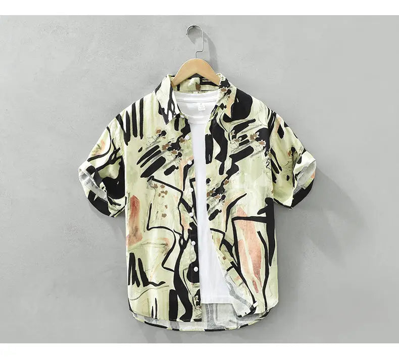 Short Sleeve  Fashion Turn-down Collar Simple Comfortable Versatile Selling Trend Temperament Comfortable Shirts Tops Print Men