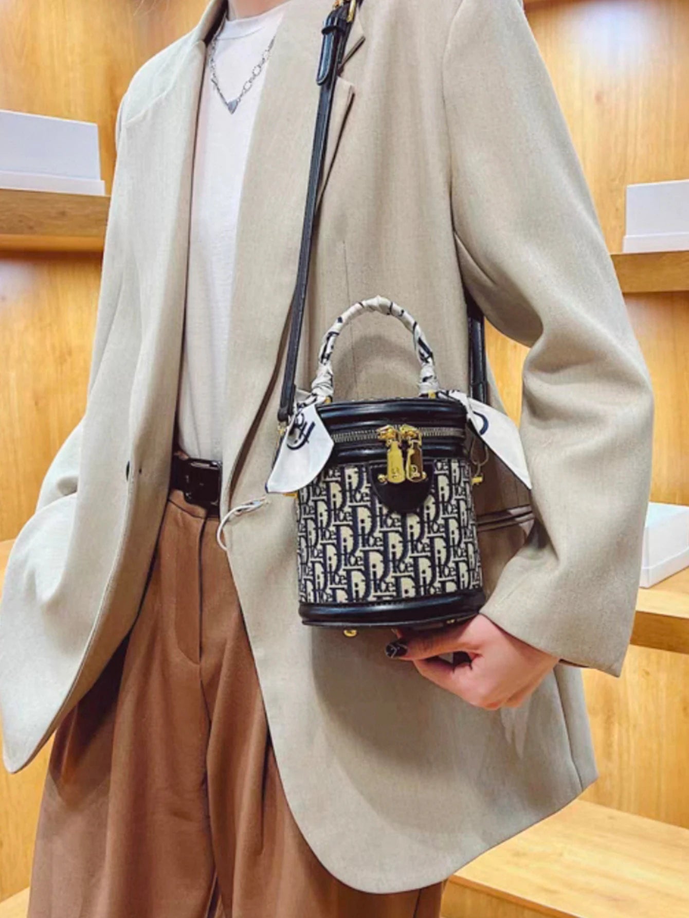 Lightweight Fabric Shoulder Bag, Blue/Black Letter Design, Detachable Strap & Scarf, Casual/Travel Bag for Women