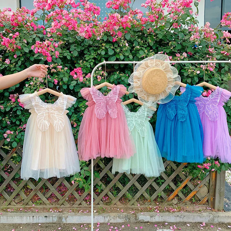 Children's Girl Dresses With Butterfly Wing Fashion Kids Tulle Dress For Girls 2-8Y Summer New Sleeveless Mesh Princess Clothes