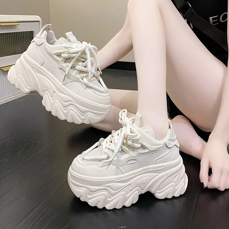 Hidden Heels White Chunky Sneakers Women Breathable Lace Up High Platform Shoes Woman 2025 Autumn Non-Slip Thick Bottom Sneakers