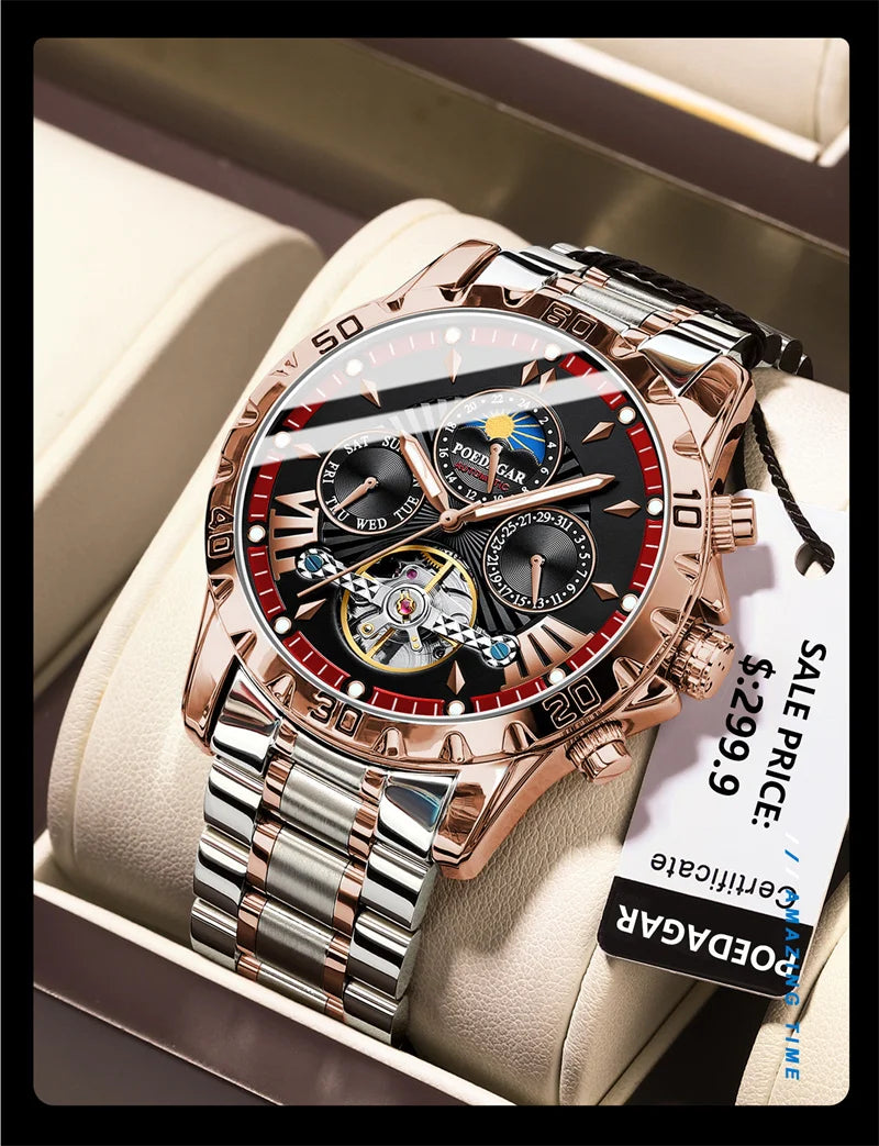 POEDAGAR Brand Luxury Tourbillon Mechanical Watch for Men Waterproof Luminous Date Week Stainless Steel Hollow Watches Men's