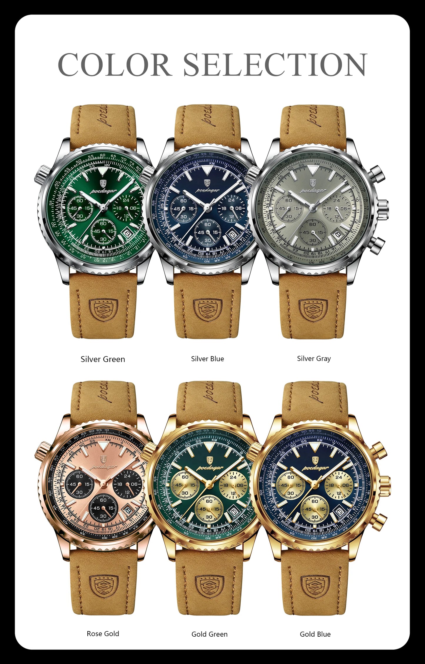 POEDAGAR Fashion High Quality Men Clock Chronograph Waterproof Luminous Calendar Man Wristwatch Leather Quartz Men's Watches+Box