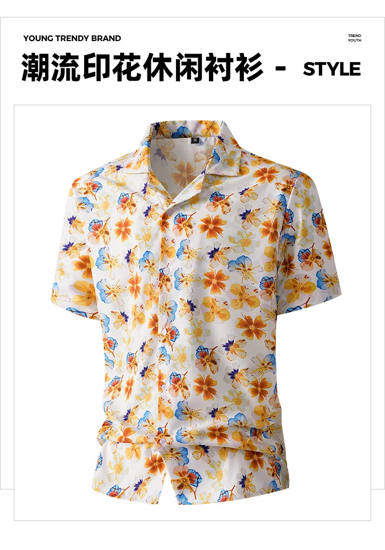 Men Loose Short Sleeve Shirt Trendy Printed Shirt Jacket